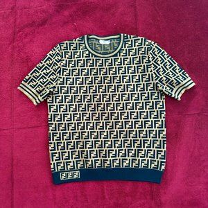 Fendi Monogram Short Sleeve Pullover Sweater (Multicolor, Brown & Black)